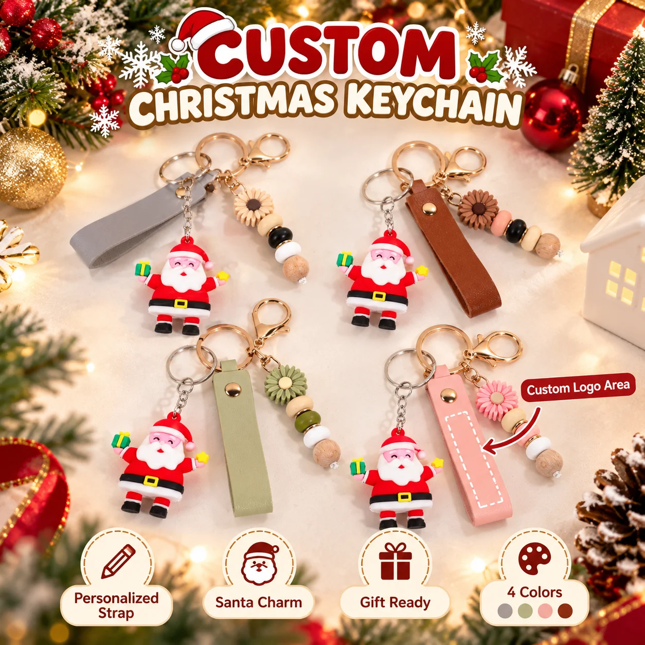 Personalized Christmas Keychain Custom PU Leather Key Ring Xmas Santa Pendant Holiday Party Favors Gift For Family