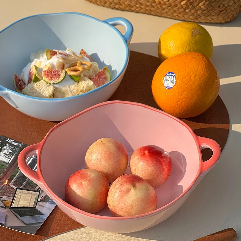 Cute Pink Blue Double Ear Bowl Large Ceramic Household Tableware New High Aesthetic Rice Salad Fruit Plate Kitchen Supplies