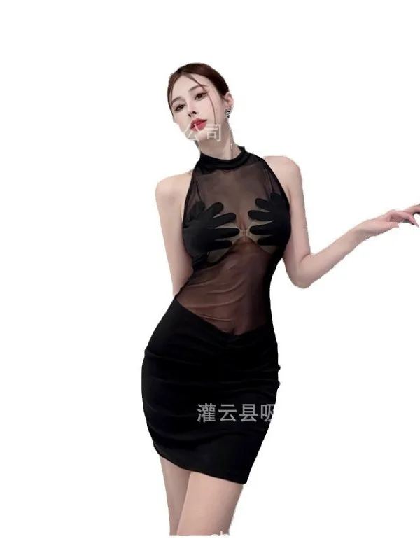 Exotic Summer Fashion Women\'s Clothing European American Style Mesh Transparent Palm Print Sexy Tight Bag Hip Elegant Dress P140