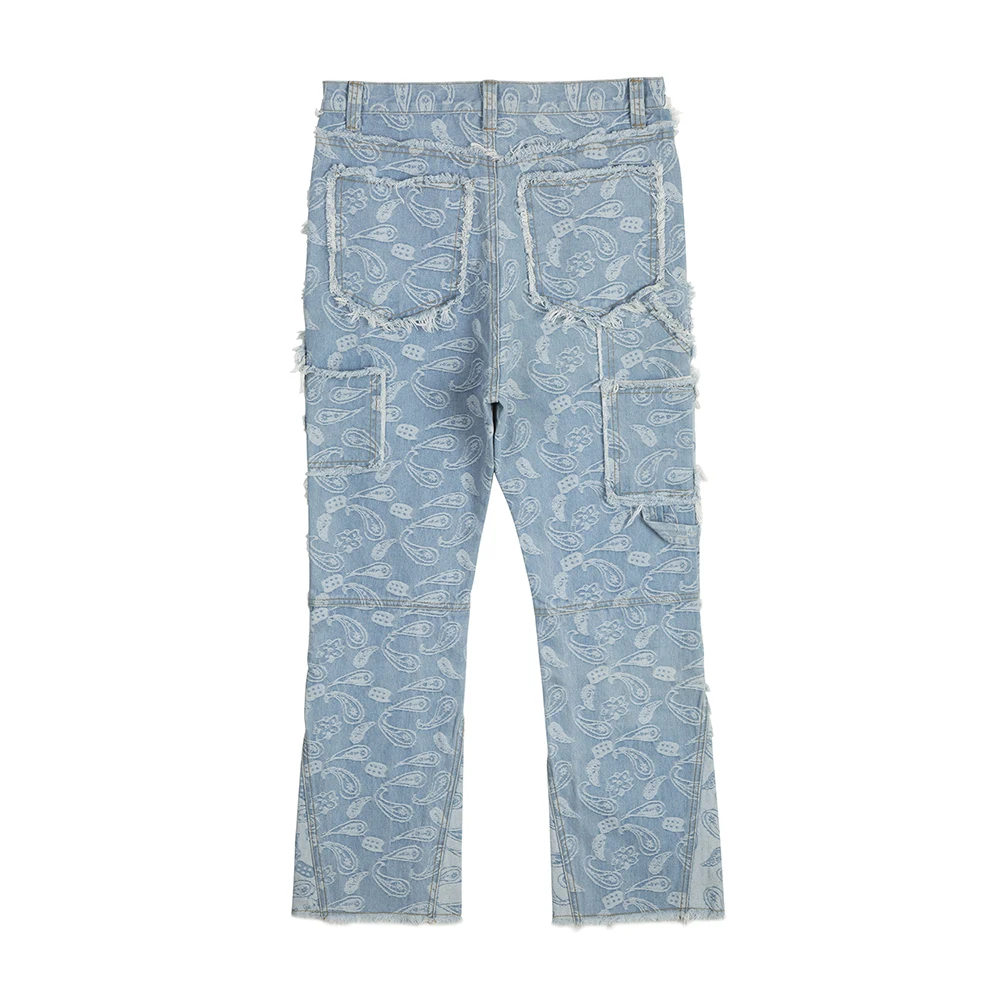 Jeans évasés baggy patchwork pour hommes, pantalons droits, zones bre, denim surdimensionné, fleur de cajou, effiloché urbain, Y2k