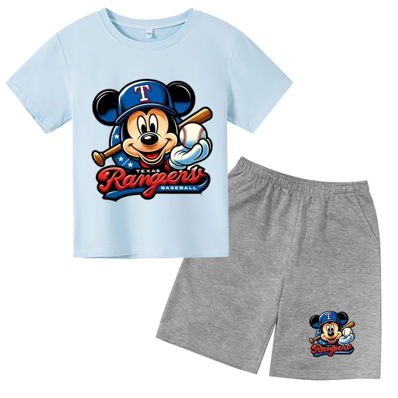

Mickey Baseball Kids T-shirt Set for 2-12-year-old Boys and Girls Casual Summer Short Sleeves Printed Round Short Sleeves+Shorts
