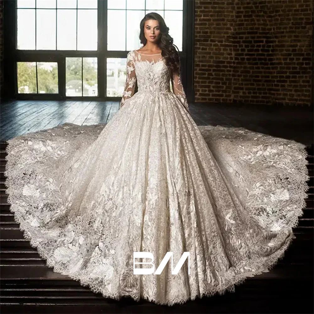 

Elegant Lace Long Wedding Dresses for Women 2025 Scoop Neckline Illusion Full Sleeves Bride Dress Customized Chaple Train Bridal