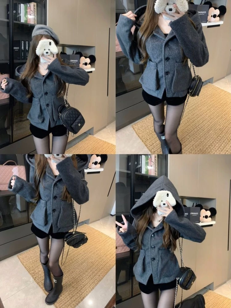 معطف كلاسيكي أنيق للسيدات موضة Y2k تصميم جيب هاراجوكو دافئ بقلنسوة ملابس خارجية على الموضة الكورية سترة أنيقة 2025 جديد #3