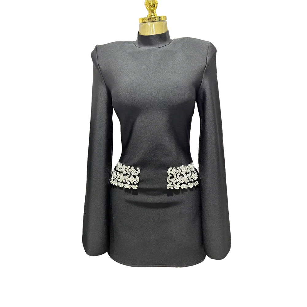 

Винтажное черное мини-платье А-силуэта с высоким воротом, кристаллами, шикарное, с длинными рукавами, на молнии сзади, для ужина, свидания и концерта