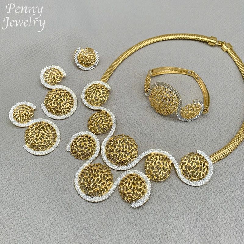 Brazilian Original 4Pcs 18K Gold Plated Jewelry Set for Women Chunky Necklace Earring Bracelet Ring Italian Wedding Party Gifts