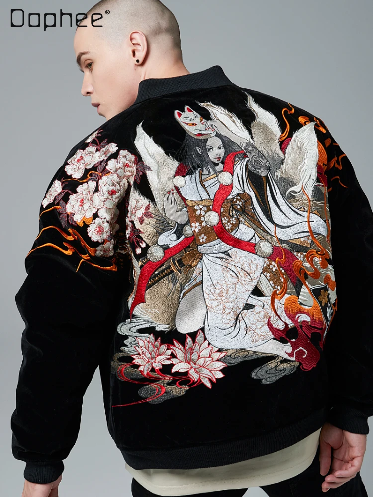 

Men Nine Tail Fox Embroidery Velveteen Thick Baseball Jacket Spring and Autumn New Streetwear Yokosuka Velvet Bomber Jackets