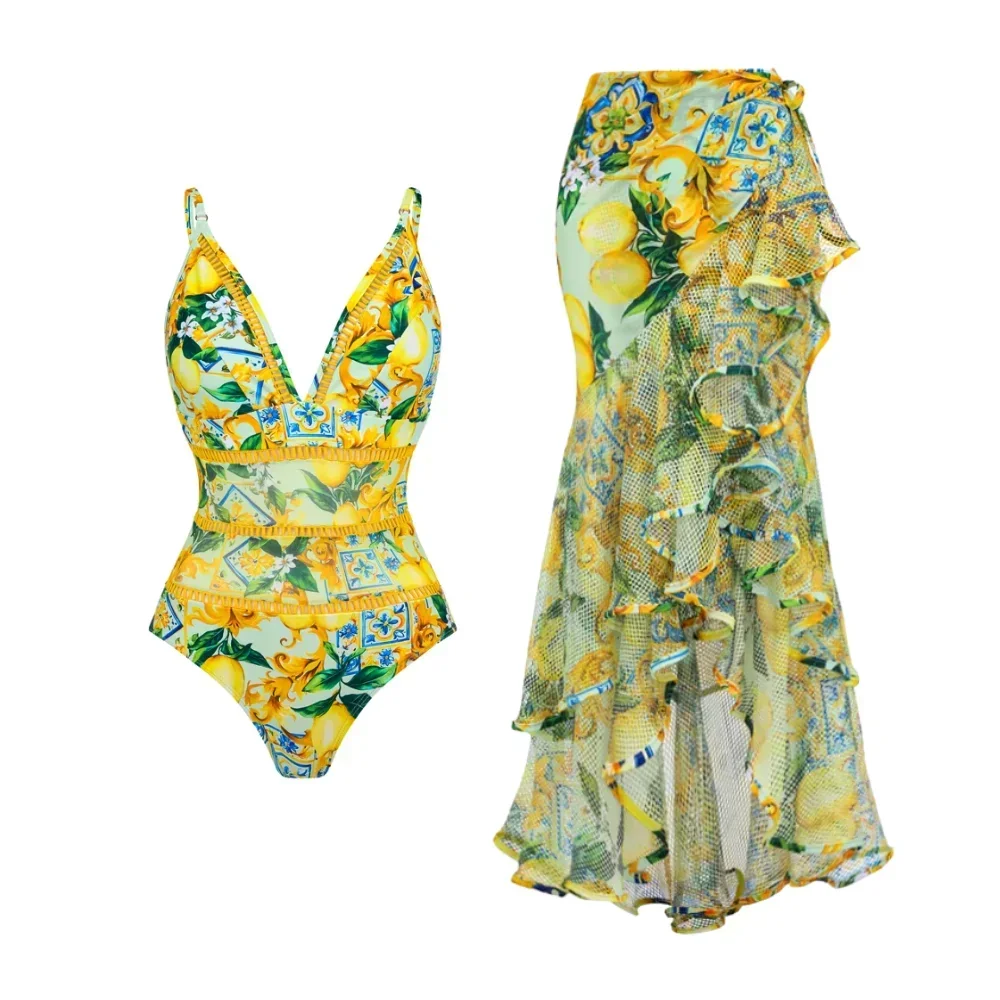 

2023 New Lemon Print V Neck Push Up One Piece Swimsuit and Skirt Summer Swimwear Women Beachwear Bathing Suit