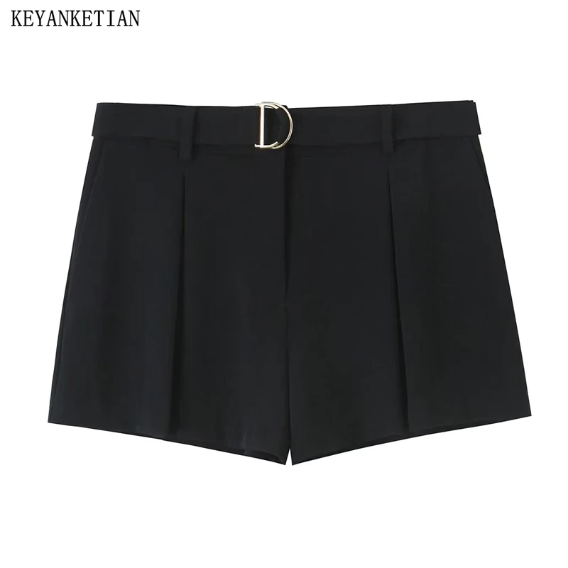 

KEYANKETIAN Summer New Women's With Belt Decoration Pleated Casual Shorts Leisure style Zipper High Waist Black Loose Hot Shorts