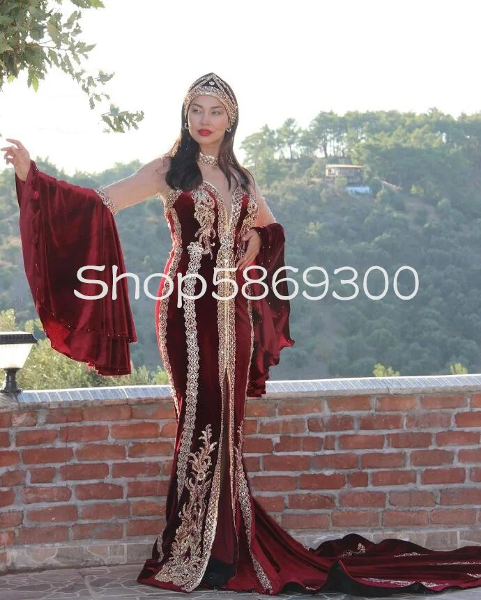 Burgundy Mermaid Caftan Morocco Prom Dresses Fairy Long Sleeve Applique Beaded Crystal Henna Arabic Evening Gown Outfit