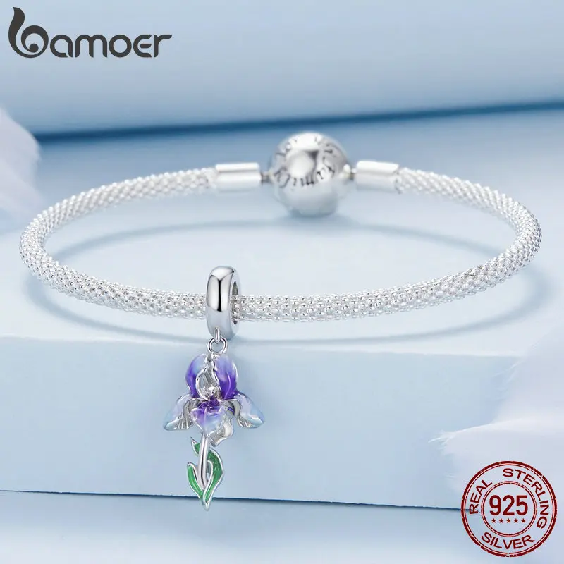 Bamoer 925 Sterling Silver Enamel Iris Hanging Bead Harebells Pendant Charms for Women Bracelet and Necklace DIY Fine  Jewelry