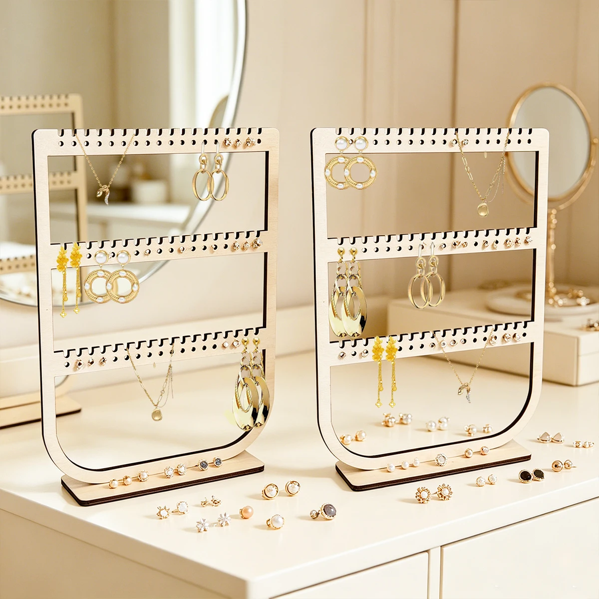 1pc Wooden Earrings Necklace Vertical Desktop Jewelry Display Storage Rack Detachable Portable Three-Layer Jewelry Storage Rack