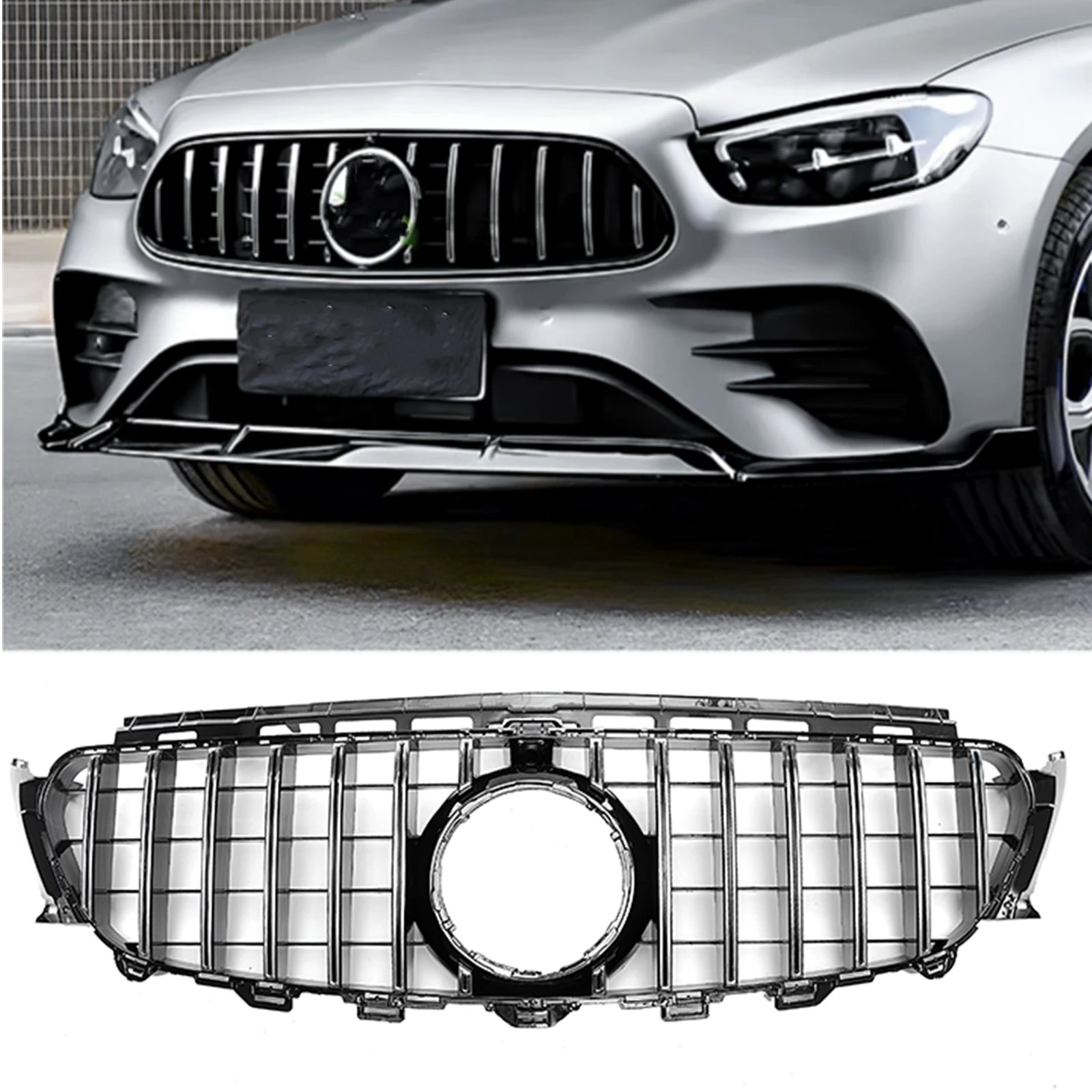 

Grill Front Grille For Mercedes Benz E Class W213 2016-2020 E200 E250 E300 E43 GT Style Silver/Black Car Upper Bumper Hood Mesh