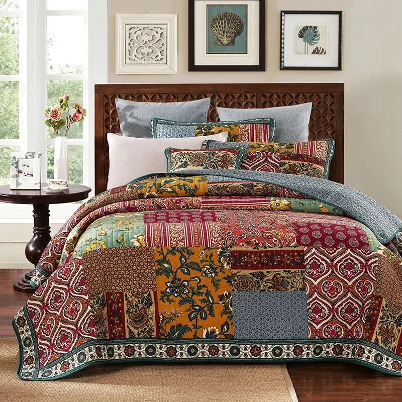 Vintage Patchwork Cotton Quilt Set King Size 3PCS Bedspread on the Bed Coverlet Lightweight Quilted Blanket for Bed Comforter
