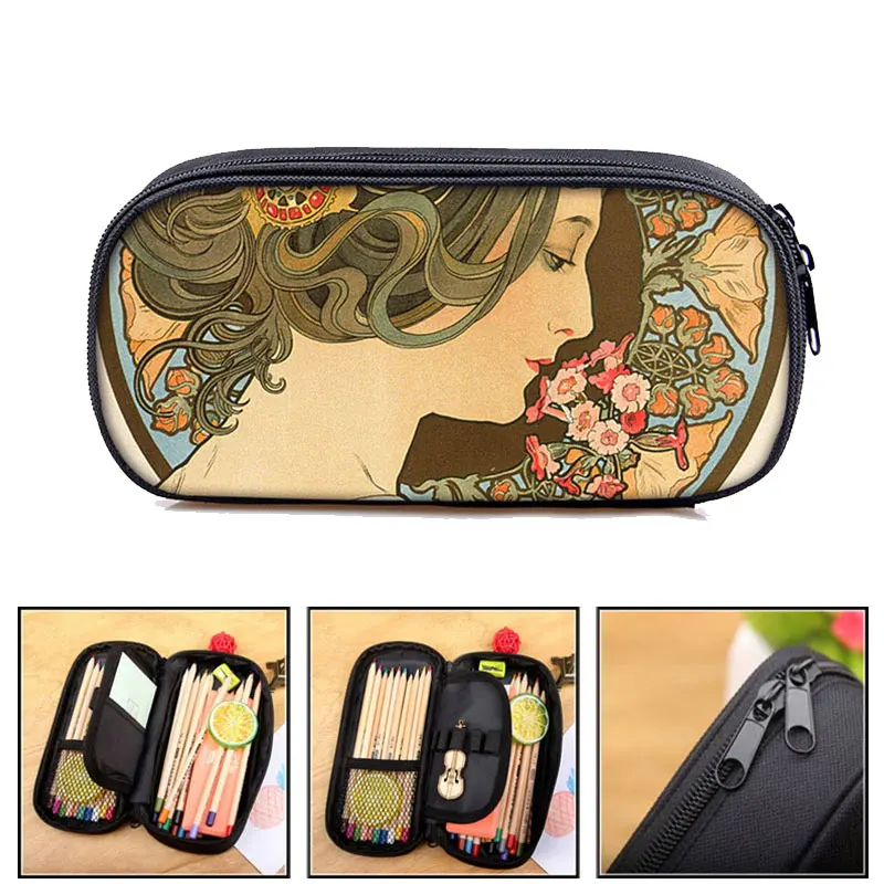 Oil Painting By Alphonse Mucha Print Makeup Bag Pencil Bag Women Makeup Bag Teenager Pencil Box Pencil Cases Cosmetic Cases