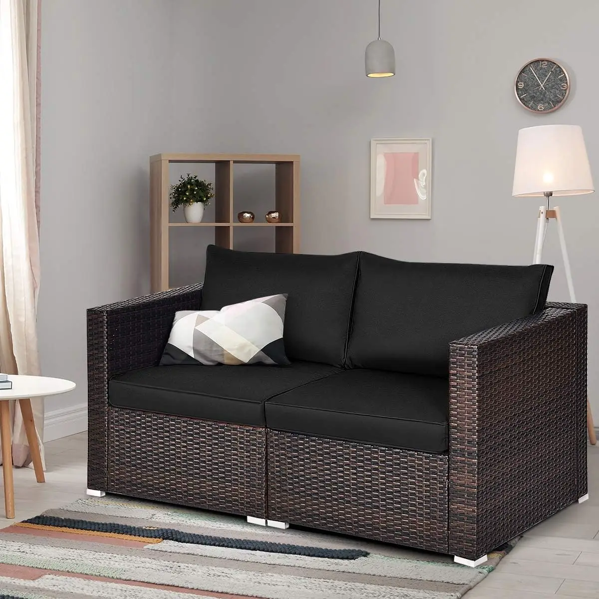 قطعتان من أريكة Wicker Loveseat، أريكة أثاث الفناء مع وسائد قابلة للإزالة، أريكة الروطان للشرفة، سطح السفينة، الحديقة، بجانب حمام السباحة