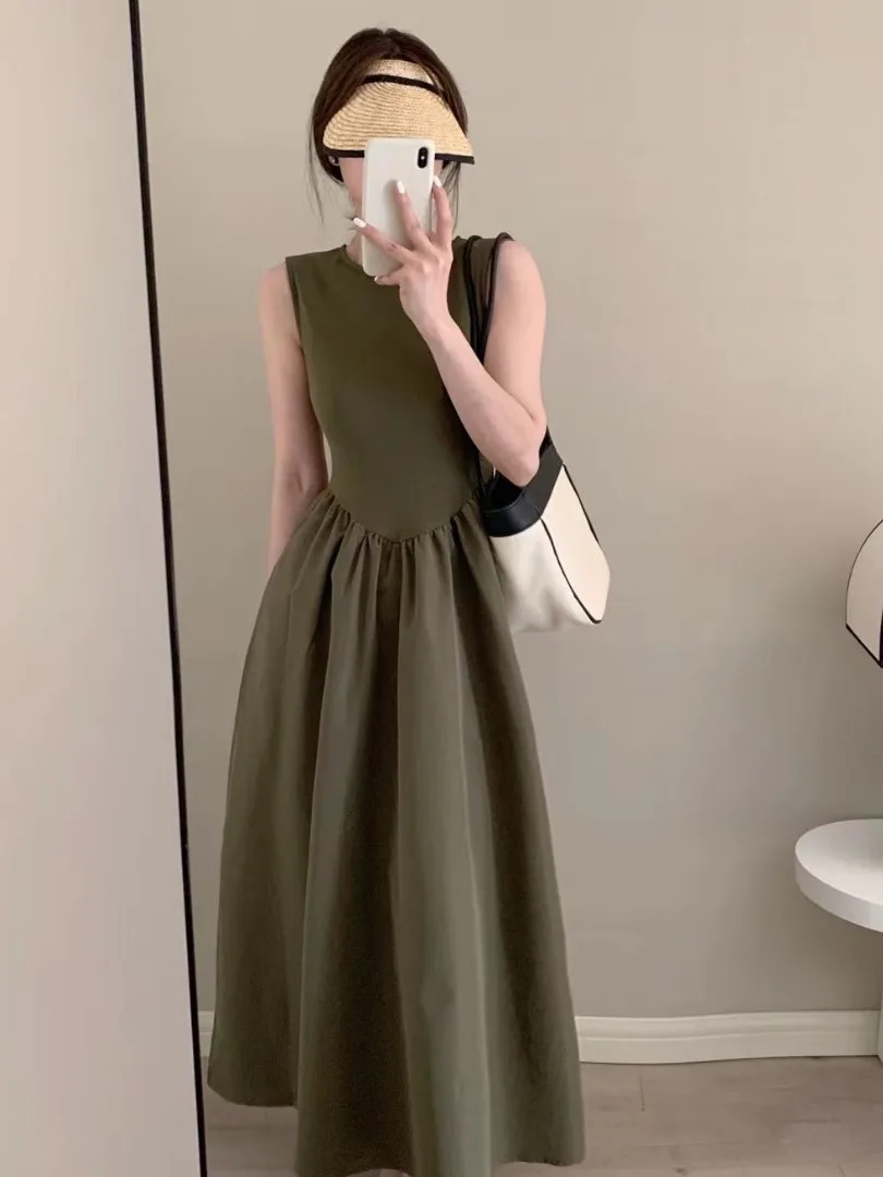 Fashionable High Waist Knee-Length Dress Women's Summer New Style Chic Sweet Waist Cinching Patchwork Long Dress