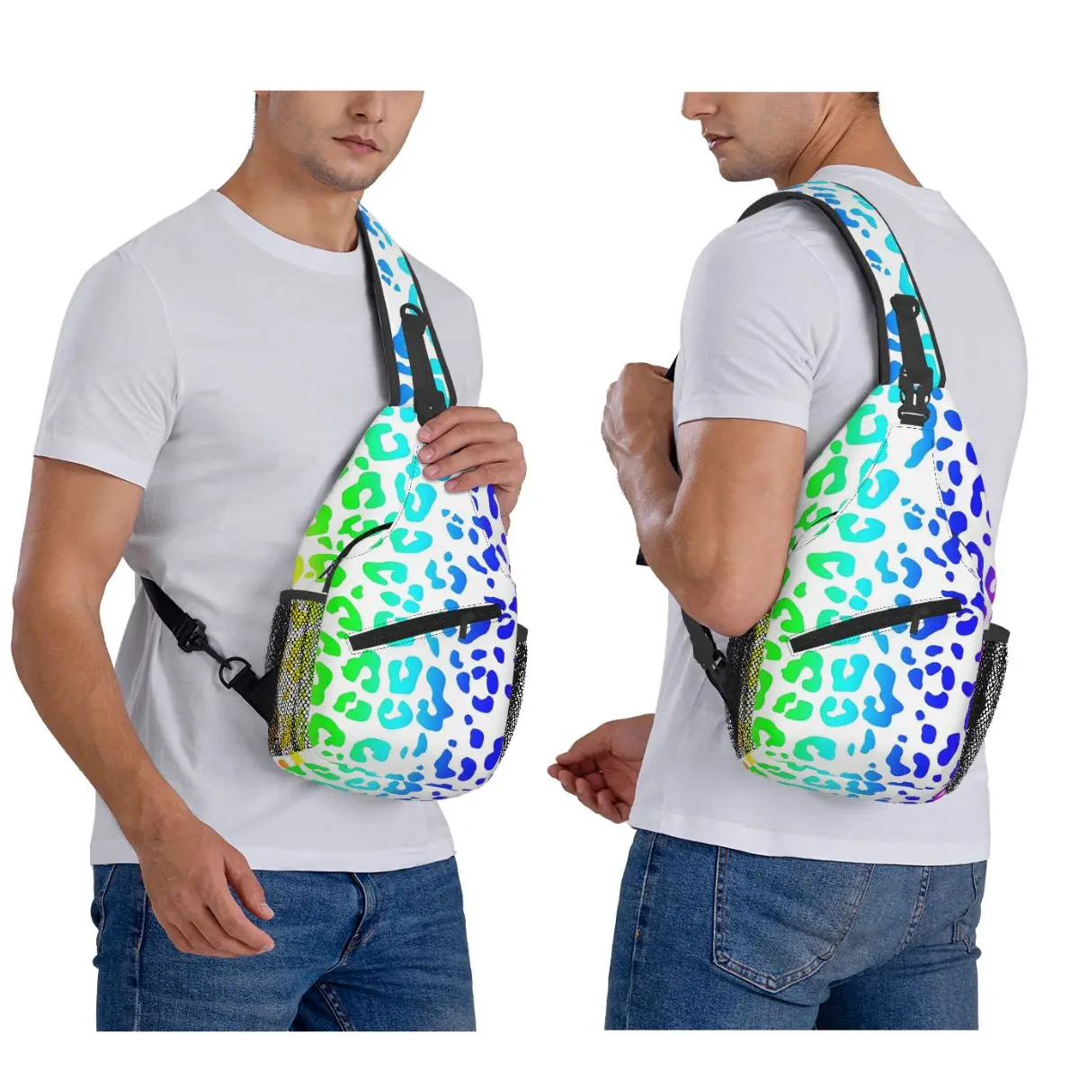 Rainbow And White Spots Leopard Print Chest Bag Men Sling Crossbody Backpack Chest Bag Traveling Hiking Daypack Shoulder Bag
