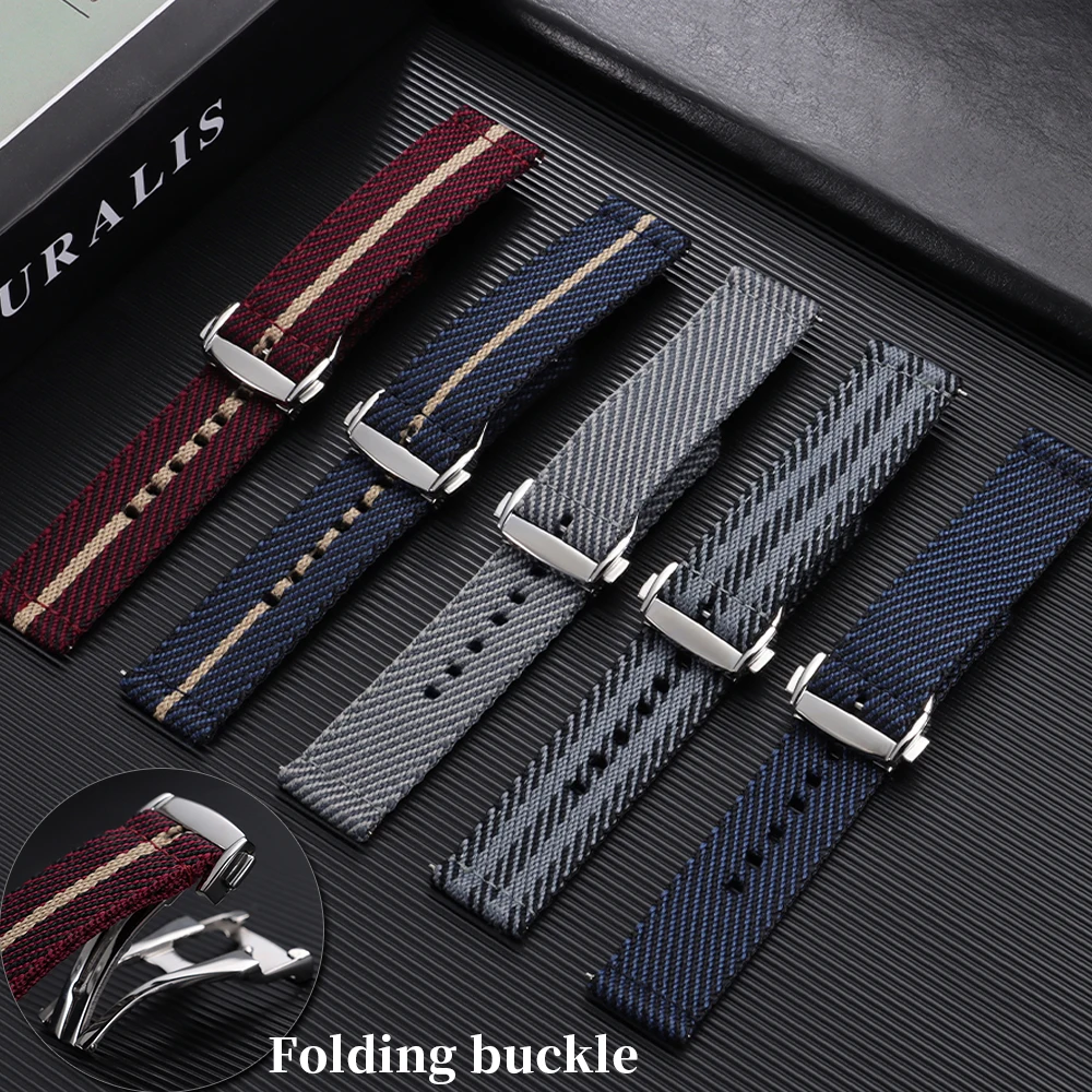 Premium 20mm Ribbed Nylon WatchBand Deployant Clasp Watch Strap for Omega Folding Buckle Watchband Quick Release Sport Wristband