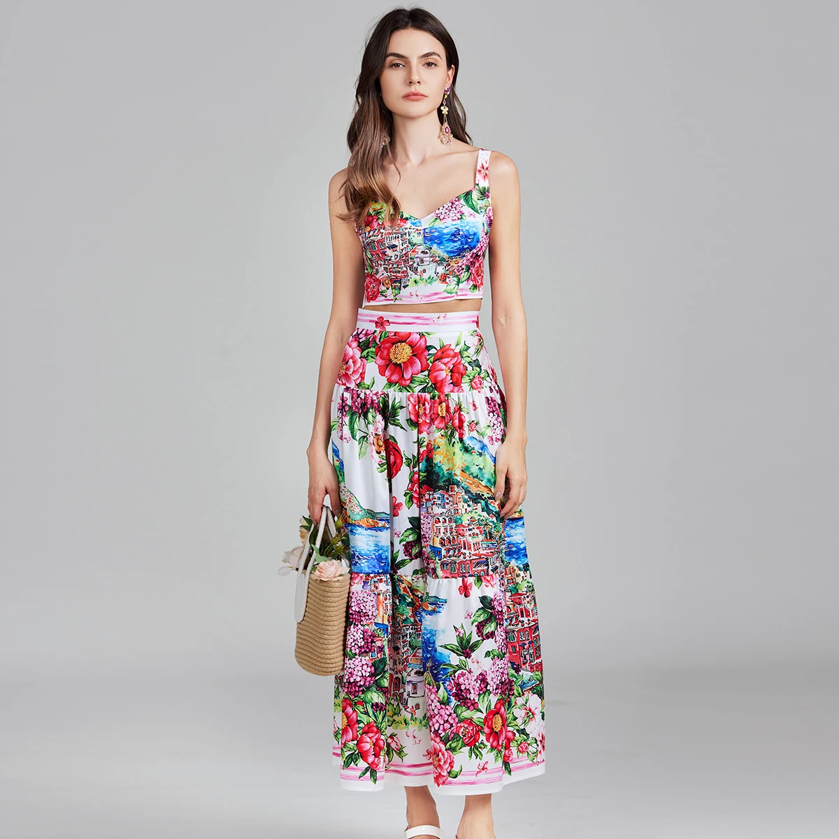 

Runway Fashion Designer Print Two Piece Set Women's Spaghetti Strap V-neck Zipper Tops + Long Maxi Skirt Holiday Party Suits