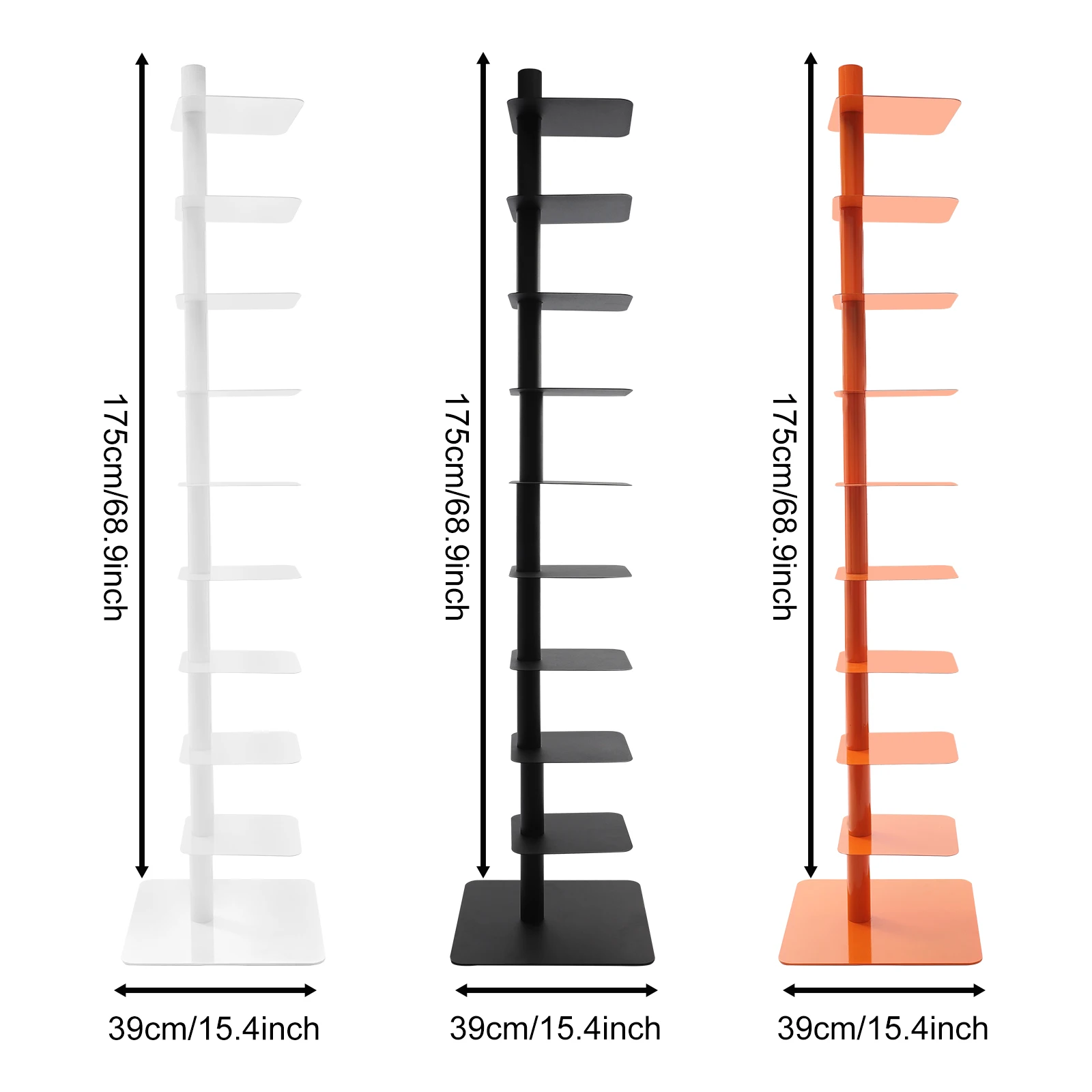 رف كتب دوار برتقالي/أبيض/أسود مكون من 9 طبقات 360 درجة °   رف الكتب العمود الفقري من الفولاذ الكربوني، رف الكتب الحلزوني، منظم كتب البرج العمودي