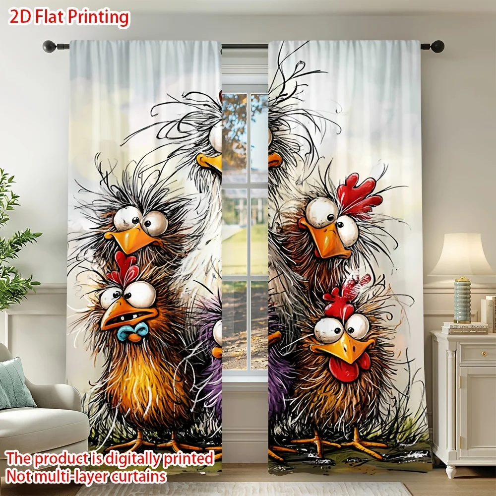 Whimsical Chicken Curtain Panels, Funny Crazy Farm Chicken Vivid Cartoon Soft Light Tone Print Drapes for Apartment Home Decor