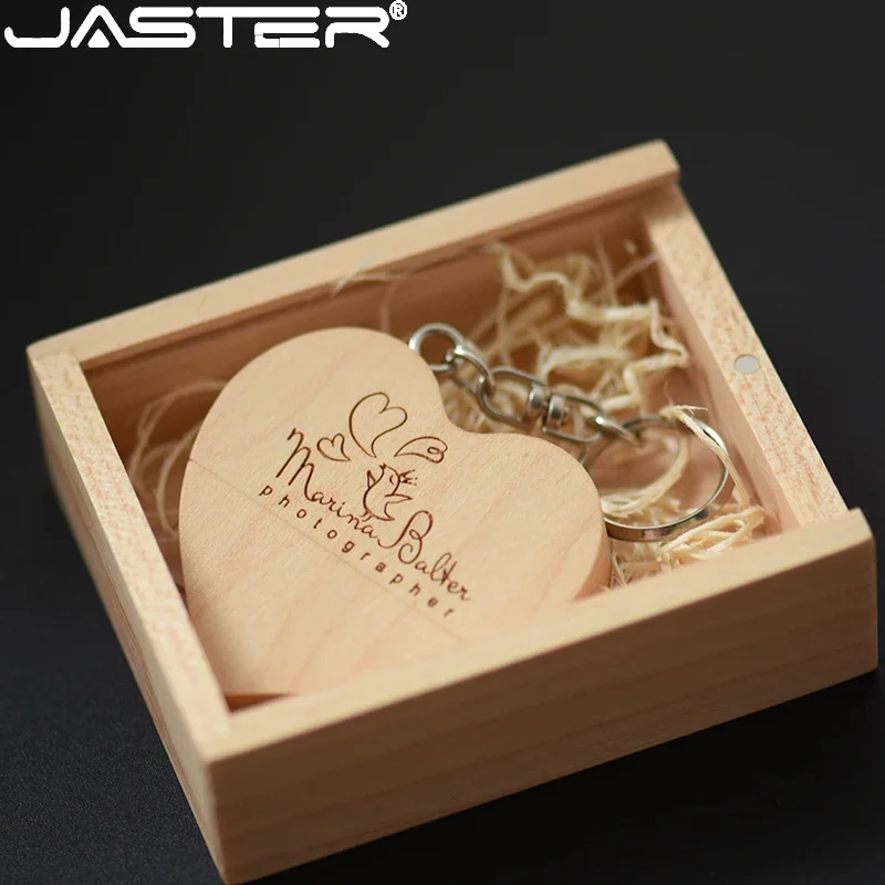 JASTER-memoria USB con forma de corazón de madera, pendrive de 128GB, regalo creativo de boda, 64GB, logotipo personalizado gratis, caja de Metal de 32GB, 16G