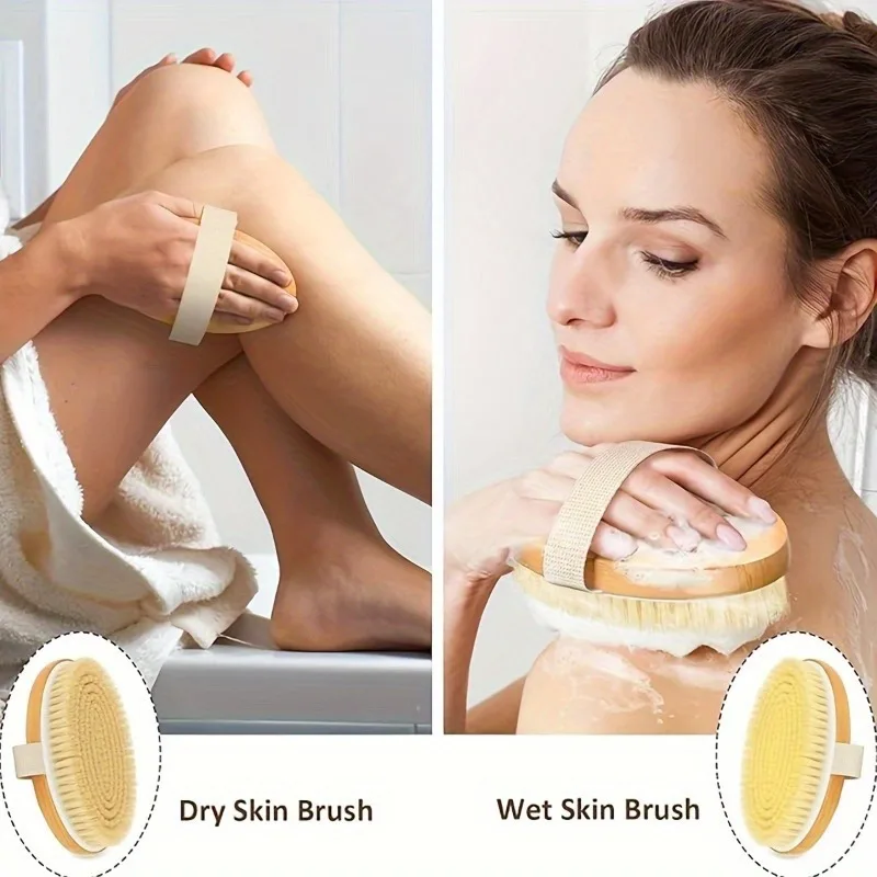 Dry Body Brush with Wooden Handle, Natural Bristle Exfoliating Brush for Shower, Skin Scrubber for Spa & Daily Skincare