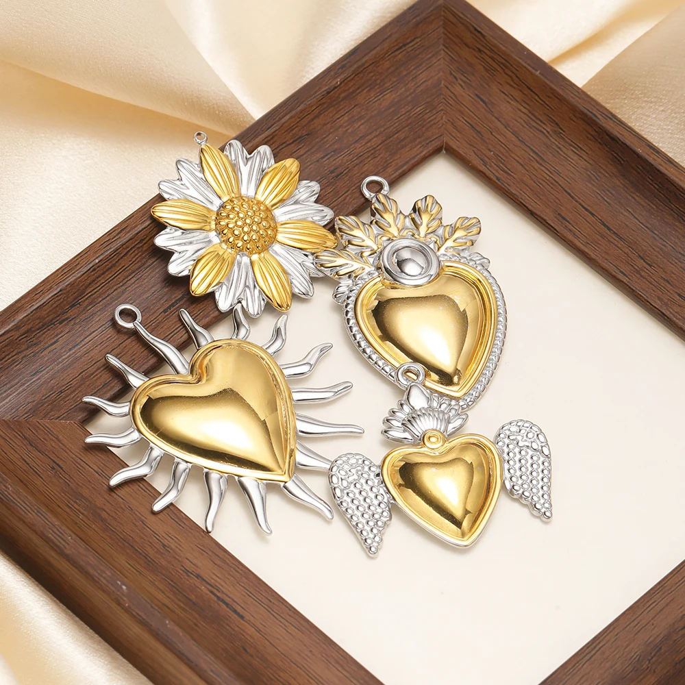 3 Stück Edelstahl-Anhänger mit goldenen Herz- und Blumenmotiven für DIY Hip-Hop-Halsketten, Anhänger, Armbänder, Schmuckherstellungszubehör – Detail 5