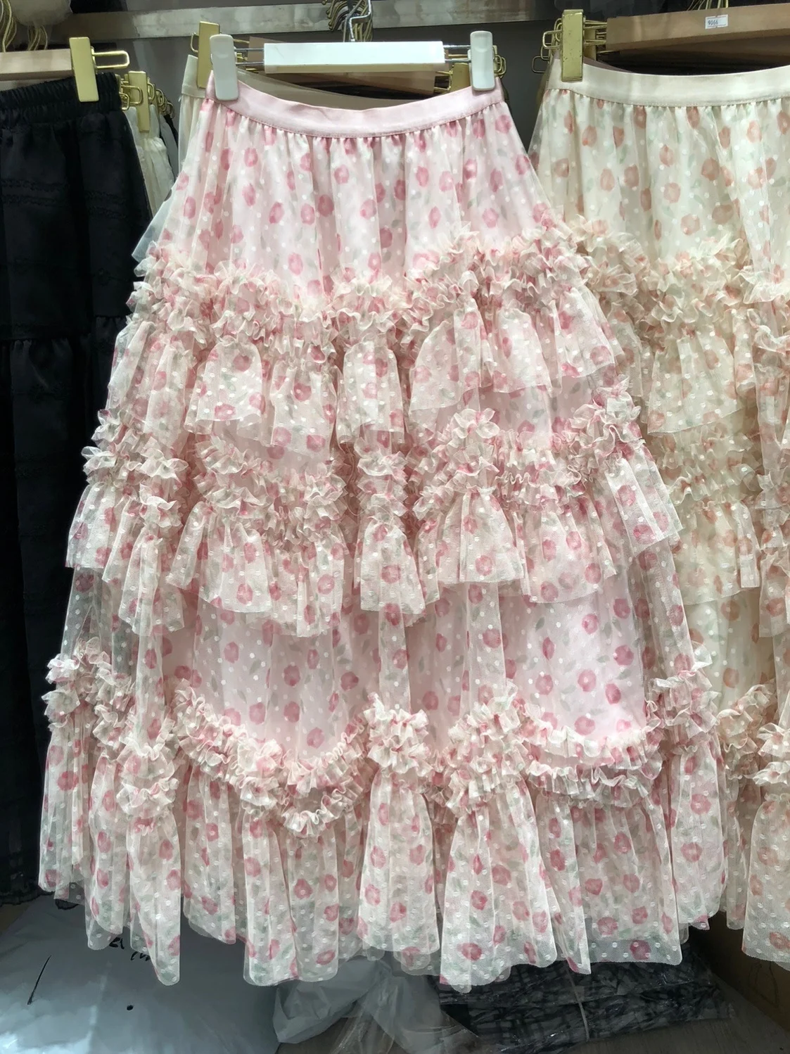 Pink Strawberry Polka Dot Lace Layered Cake Skirt A-Line Midi Dress Girl's High Waist Polyester Fiber Printed Skirt