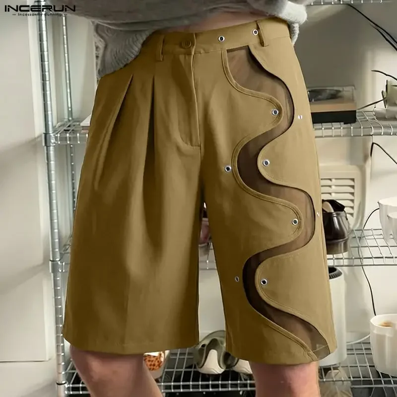 INCERUN Herren-Shorts mit Mesh-Patchwork, durchsichtige Knopf-Shorts, Streetwear, lockere Sommermode 2026, lässige Shorts für Herren