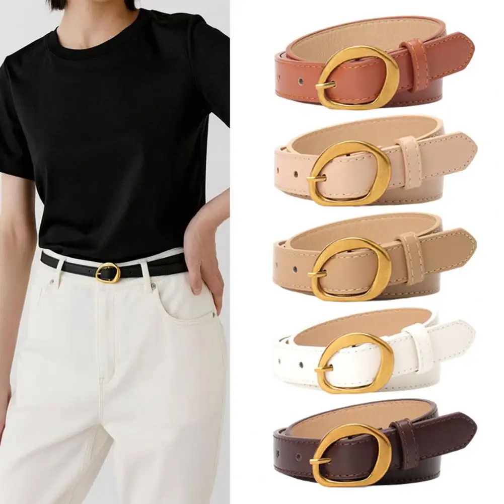 Women Belt Irregular Geometric Buckle Multi Holes Adjustable Length Waistband Imitation Leather Street Style Solid Color Belt