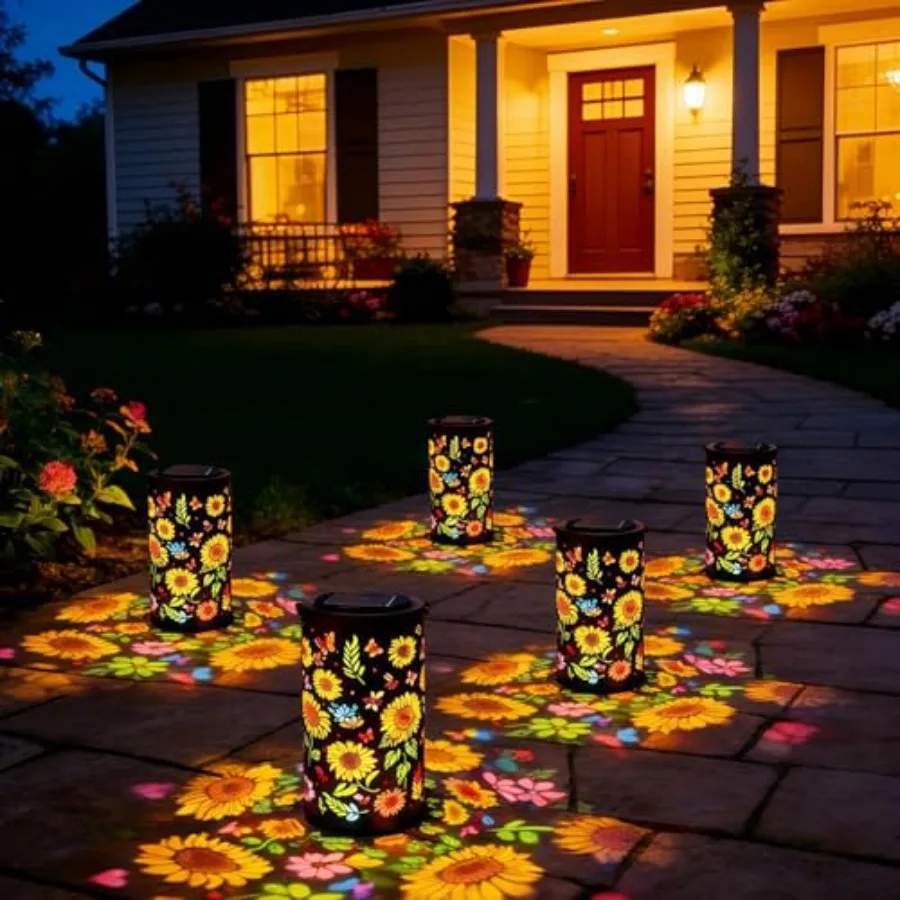 

Красочный солнечный садовый фонарь «Сияние подсолнуха» - Декоративные металлические подвесные светильники с узорами теней стрекоз и бабочек, теплый свет