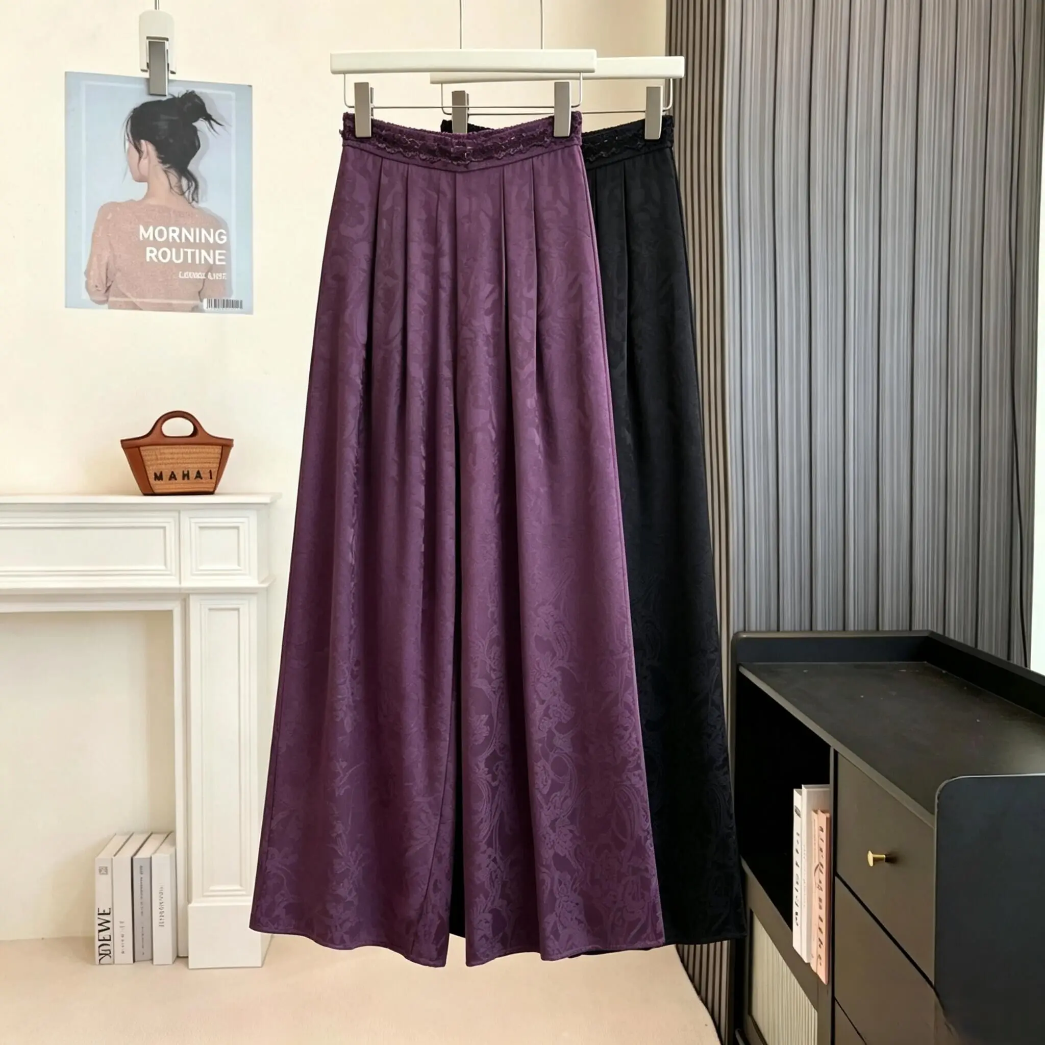 Elegant Chinese Style Embroidered Heavy Work Dark Pattern Floral Wide Leg Pants Draped Lady Eastern Straight Cut Long Trousers