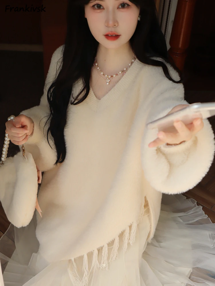 

Tassel Sweaters Women Solid V-neck Asymmetrical Elegant Korean Style Cozy Loose Advanced Normcore Versatile Fairycore Knitwear