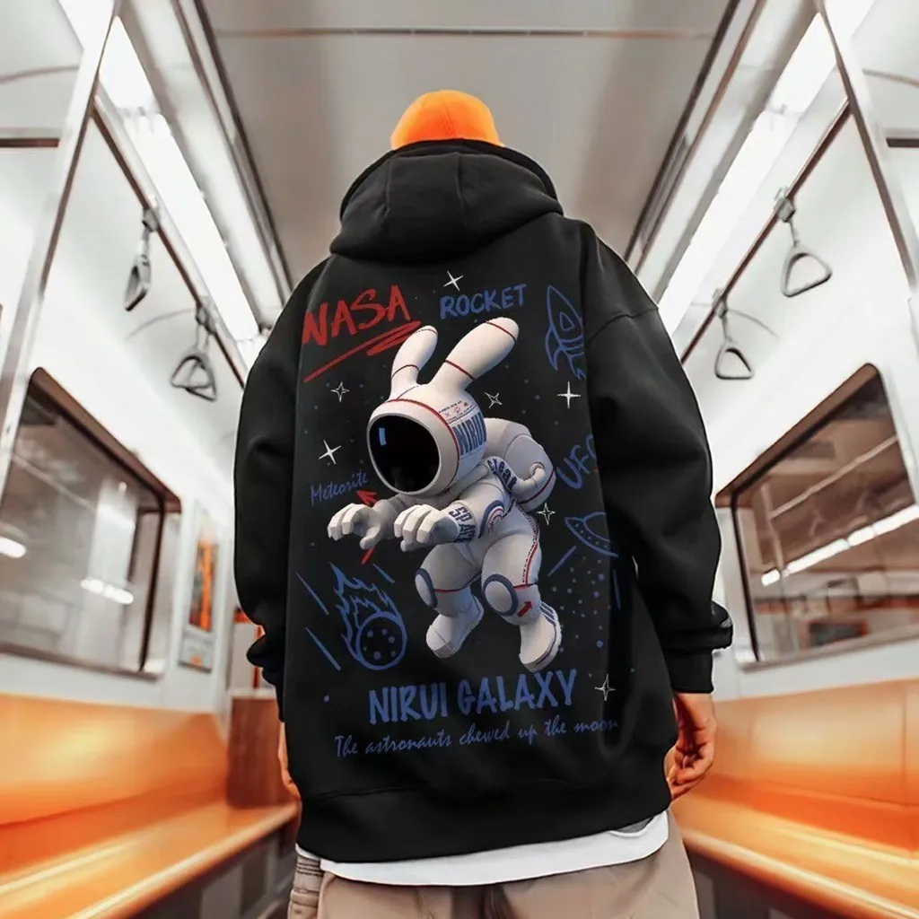 【M-8XL Hoodies】Men Oversized Hoodie Fashion Loose American Trendy and funny space rabbit Print Long Sleeve Couple Clothes