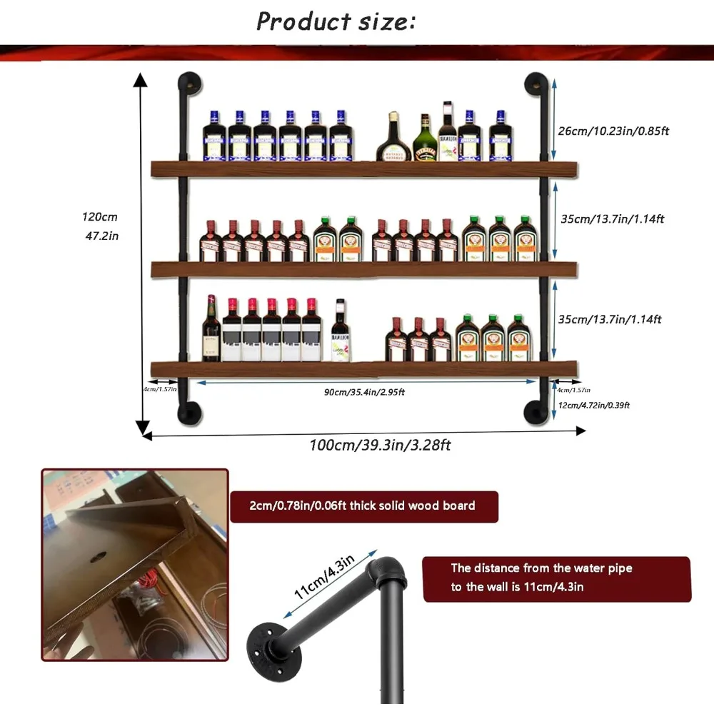 Large Wine Rack with LED Light Solid Wood Wall Mounted Wine Rack, 3-Tiers Liquor Bottles Floating Shelves Display Storage