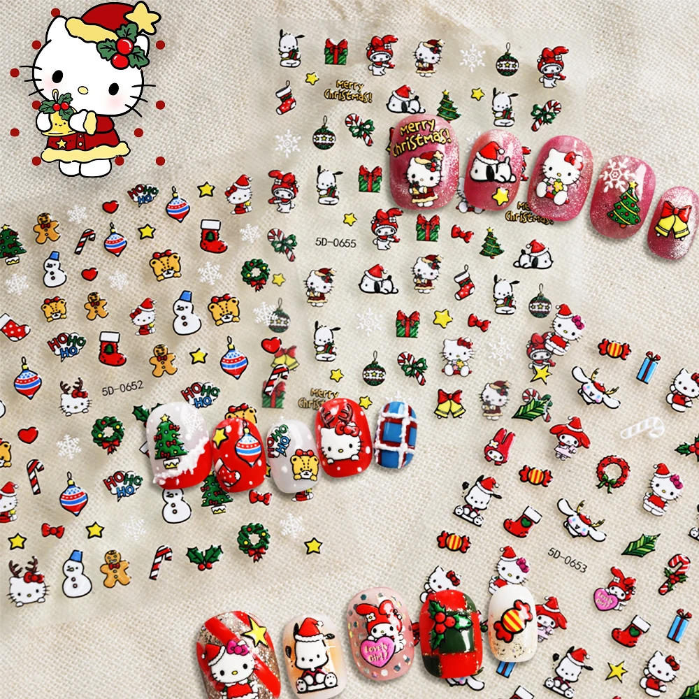 1개 5D 엠보싱 귀여운 크리스마스 헬로키티 네일 스티커 쿠로미 포차코 만화 키티 고양이 새해 네일 장식 액세서리