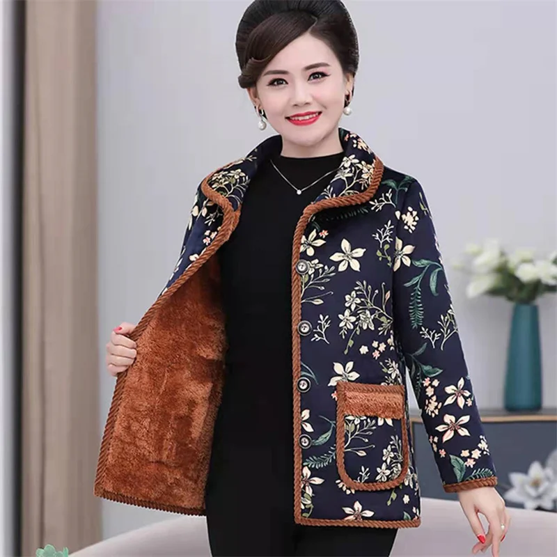 Middle Aged Elderly Women Cotton Jacket, Short Lapel, Warm And Plush, Thickened Mother's Winter Flower Cotton Jacket Female Top