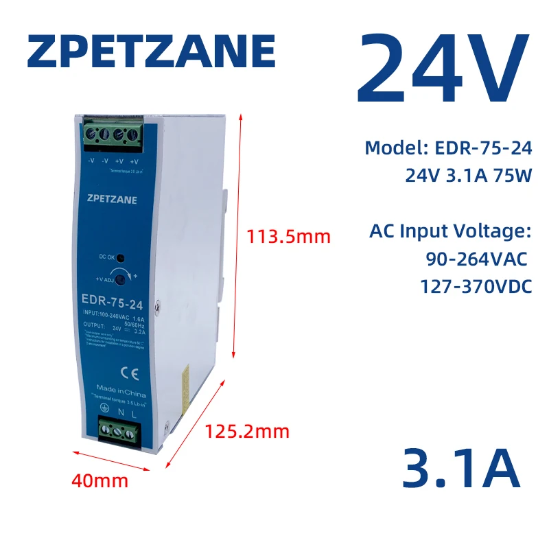 EDR-75W 120W 150W Single Output Industrial AC To DC DIN Rail Switching Power Supply 24v Source 12 Volt Transformer Adapter