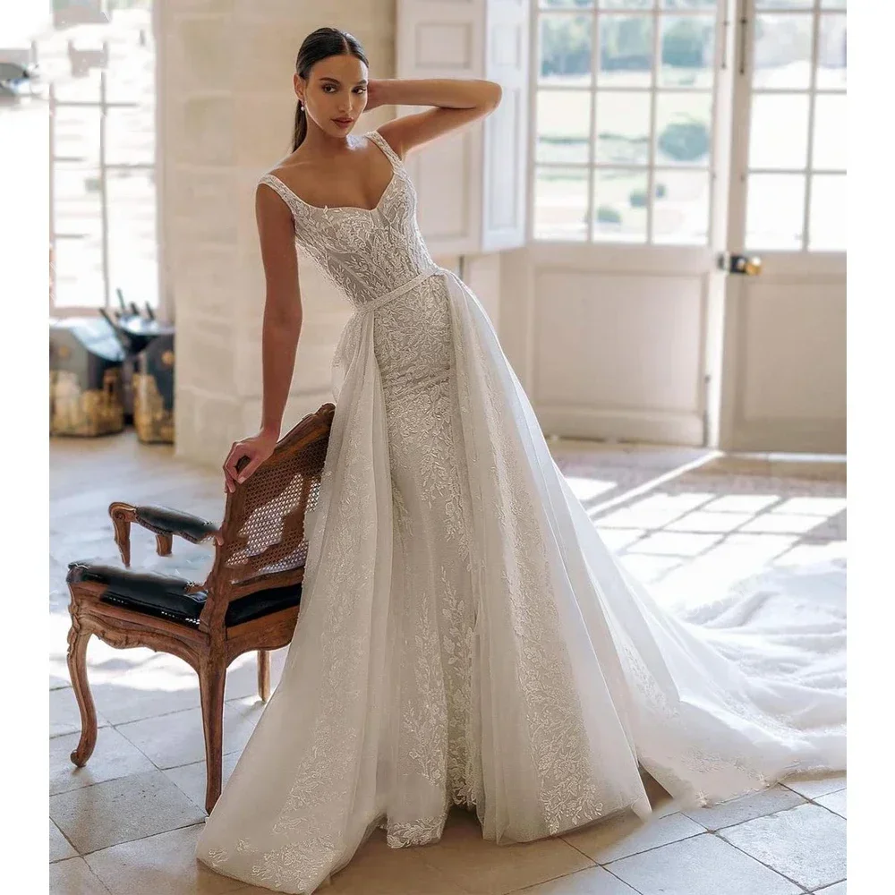 

Customized Sexy Bride Mermaid Wedding Dresses with Detachable Train Vestido De Noiva Sereia Beading Lace Robe Maria