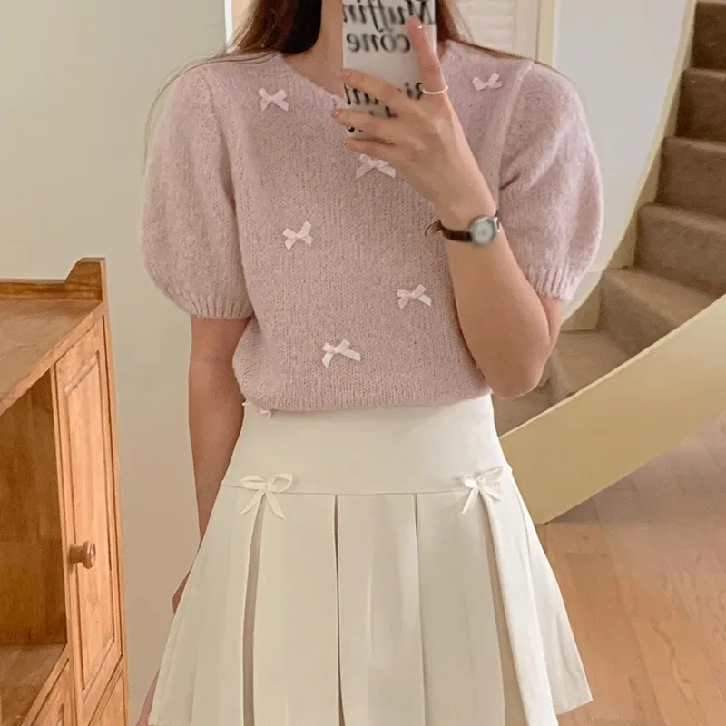 Spring Summer Sweaters Women Tops Bows Short Puff Sleeve Korean Fashion Chic Pull Female Retro Sweet Pullovers