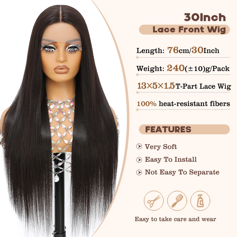 T파트 레이스 가발 합성 30인치 스트레이트 레이스 프론트 가발 내열성 섬유 글루리스 프리 플러킹 자연스러운 헤어라인 레이스 가발