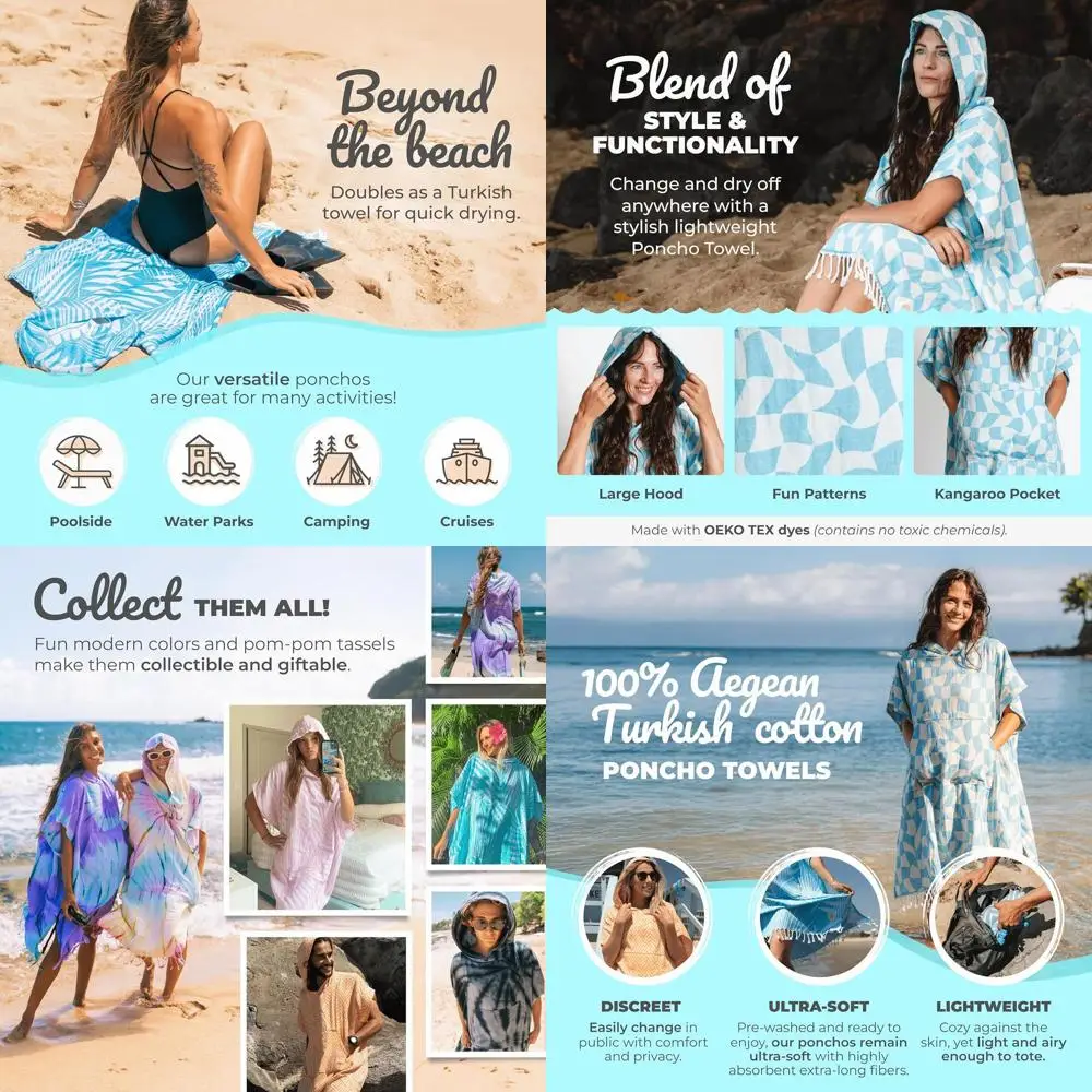 

Большое полотенце-пончо для взрослых — сине-белое клетчатое 100% турецкое хлопок, супервпитывающее накидка для бассейна