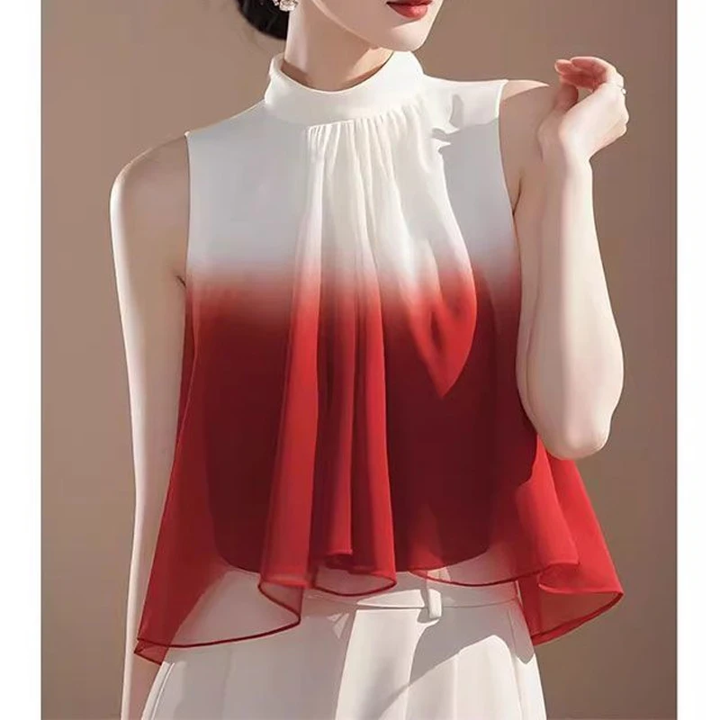 

Gradient Chiffon Irregular Temperament Blouse Women Clothes Summer New Sleeveless Loose Elegant Shirt Tops Fashion Trend Korean