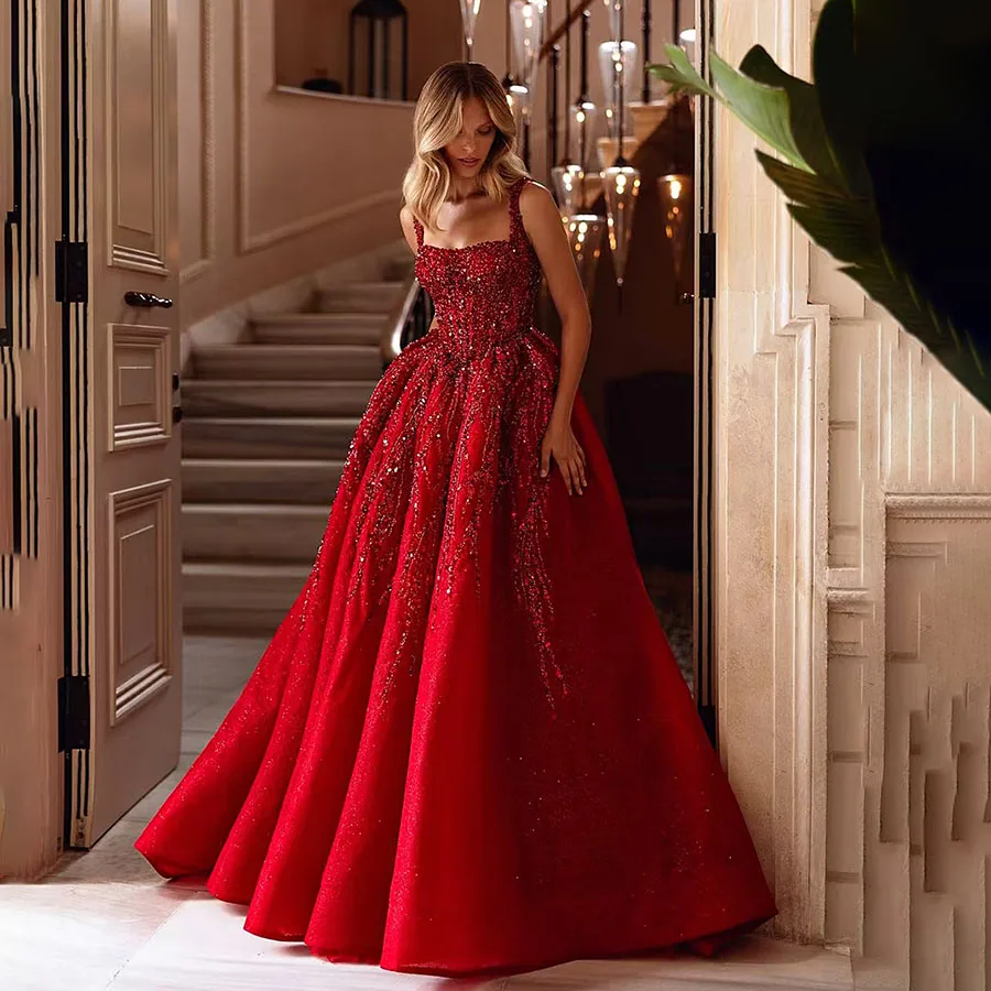 2025 Luxury Red Prom Gowns Pearls Beaded Sequins Princess A-line Wedding Dress Split Evening Dress Vestidos De Noiva Gala Custom