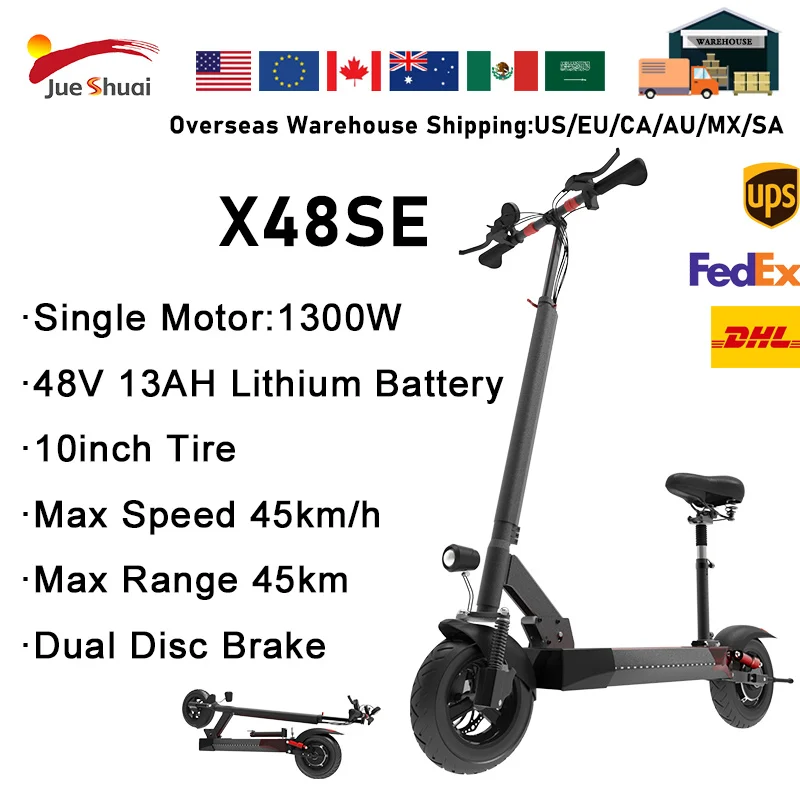 

Электрический самокат для взрослых с одноместным сиденьем, 1300 Вт, максимальная скорость, диапазон 45 км/ч, 45 км, складной пригородный электронный самокат, 10-дюймовая шина