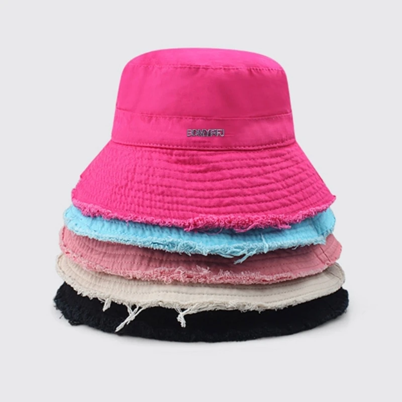 Teens Frayed Edge Design Bucket Hat Summer Foldable Fisherman Hat with Adjust Chin Rope Anti-uv Hat for Friend Family