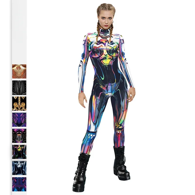 Costume stampato scheletro multicolore Tuta skinny da donna Cosplay Tute elastiche Zentai Holiday Outfit Carnevale di Halloween