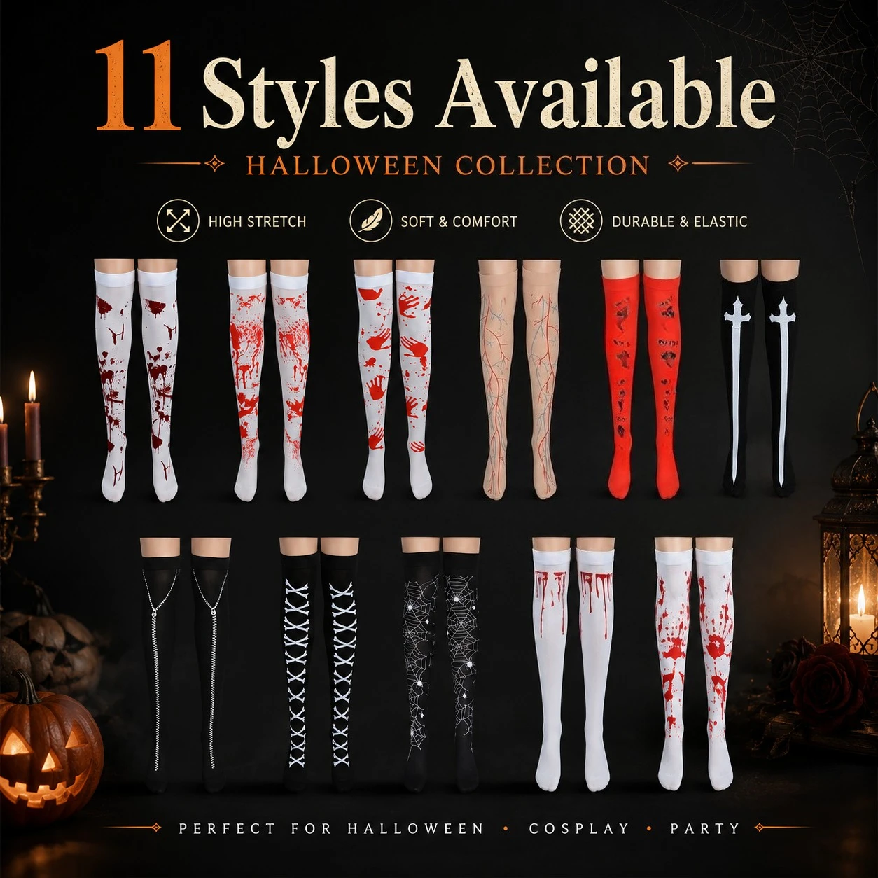 Halloween Thigh High Socks Women Cosplay Over Knee Stockings Bloody Skeleton Spider Web Gothic High Stretch Costume Hosiery