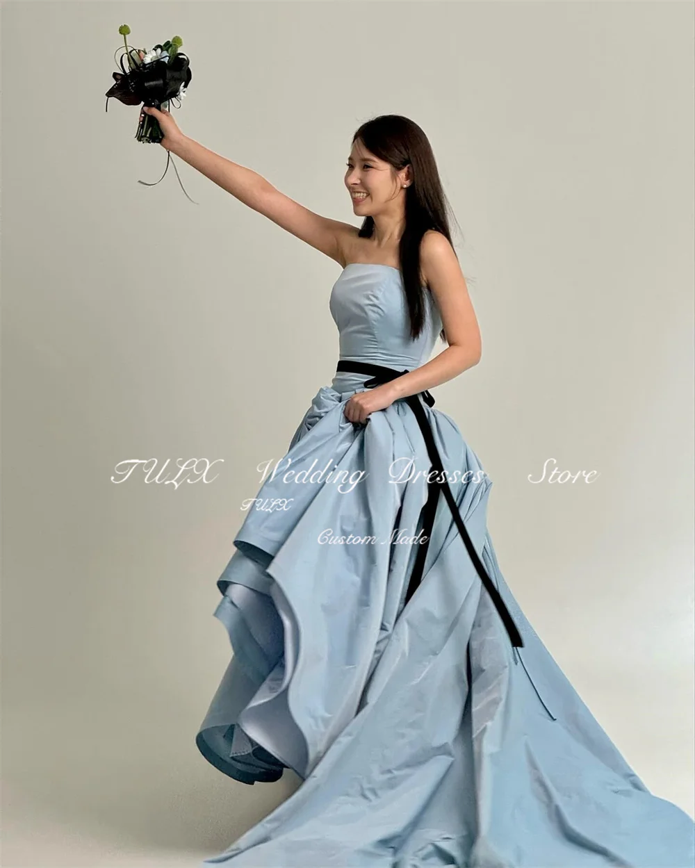 TULX Blue Korea Wedding Photo Shoot Dresses Sleeveless A-line Draped Bridal Gown Strapless Elegant Reception Dresses for Bride